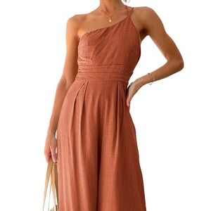 Amazon One-Shoulder Wide-Leg Jumpsuit in Rust